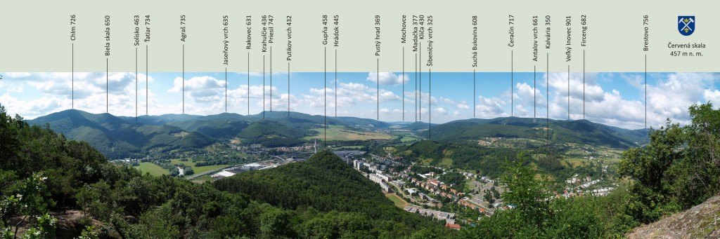 Panoráma z Červenej skaly s popisom okolitých vrchov